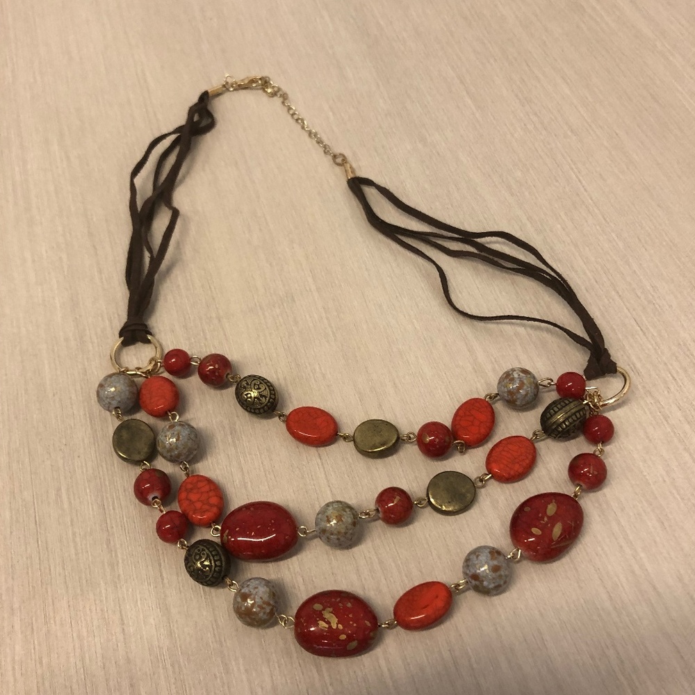 Red Orange Gold Brown Beaded 3 Strand Necklace